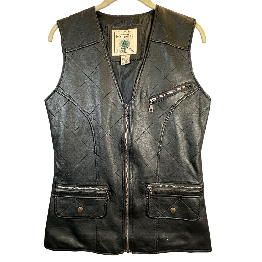 Northwest Territory Black Quilted Faux Leather Moto Vest Small Zip Pocket Grunge